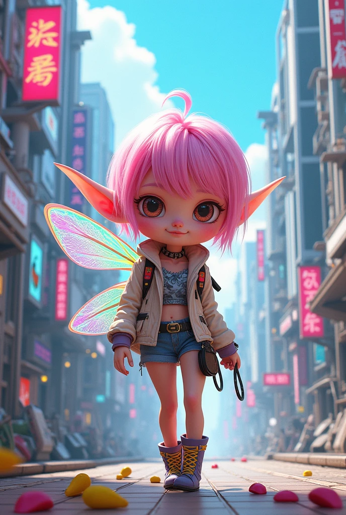 Short pink hair fairy in a futuristic world dressed in urban clothing