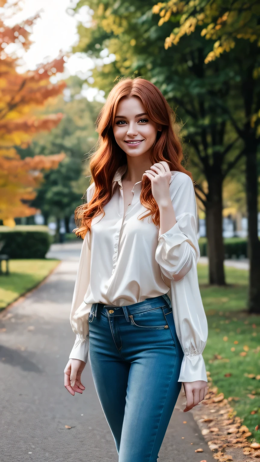 Realistic full body photo of a smiling, Young red-haired girl with long hair, She dances in front of the camera in a long blouse and tight jeans.., Park,glamour fotoshooting, Park, perfect anatomy, perfect green eyes. Perfect hands with 5 fingers on each hand, Matching girl, look into the camera, 1 Frau. (Eye make up:1.1), (highly detailed skin:1.1), spirit, analog style, keen focus, 8K  UHD, dslr, good quality, Fujifilm XT3, Grain, Award-winning, ​masterpiece. Park