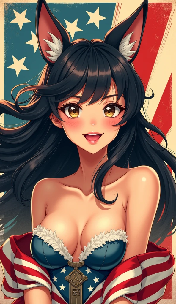 Animal ears, Black Hair, smile, One girl, Large Breasts, Blushing, american style propaganda poster, Anime Style,