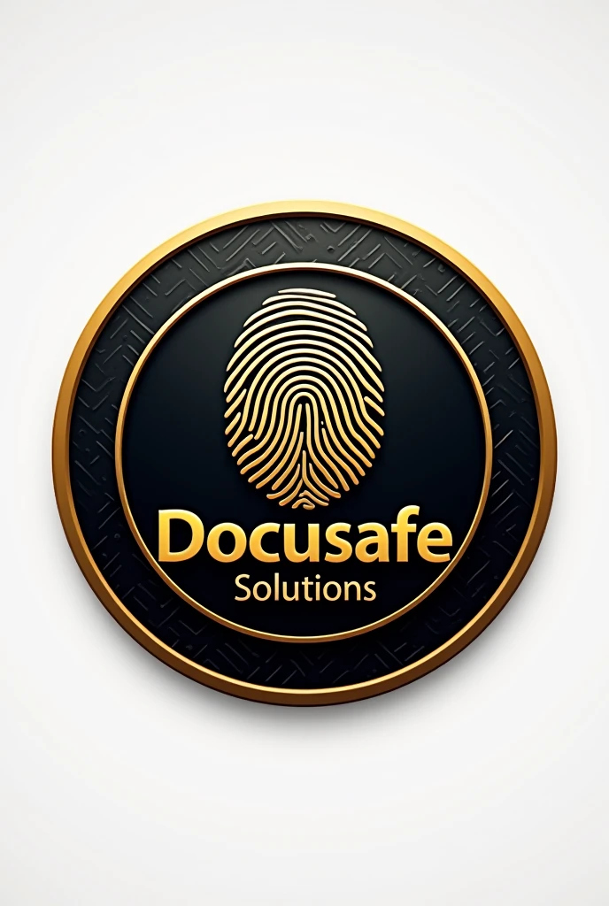 I want a logo for a company., which is called DocuSafe Solutions, I want the fingerprint logo in gold on a kind of coin with a black background, The letters in gold and the Solutions in white 
