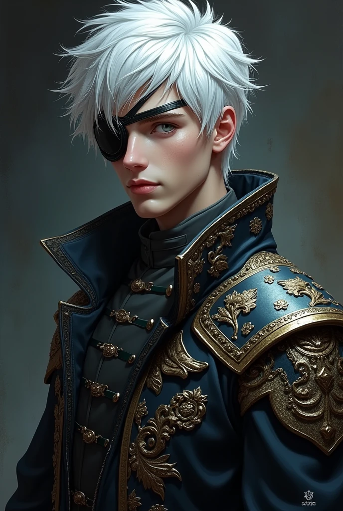 Young male character with white hair wearing an eye patch over one eye wearing a Dark fantasy RPG overcoat