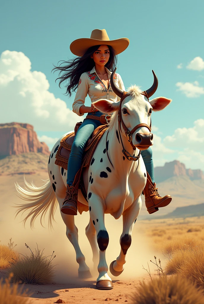 Hispanic cow girl, riding a spotted cow
