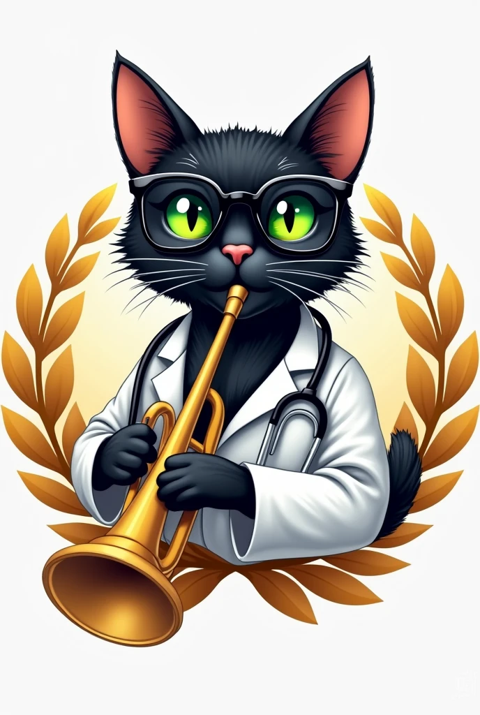 I want a logo with a smug and tender black cat with green eyes with shiny black glasses that plays a trumpet and also has a stethoscope and on the sides there are shiny golden laurels and a white coat.
