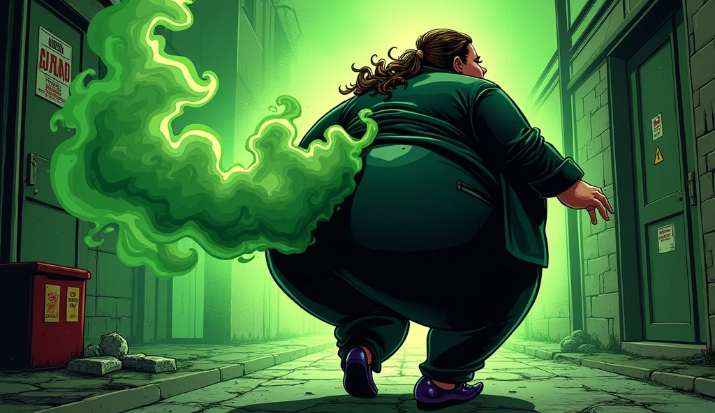 beautiful morbidly obese young female mob boss woman wearing a mobster suit farting olive green stink fumes from her rear, comic artstyle