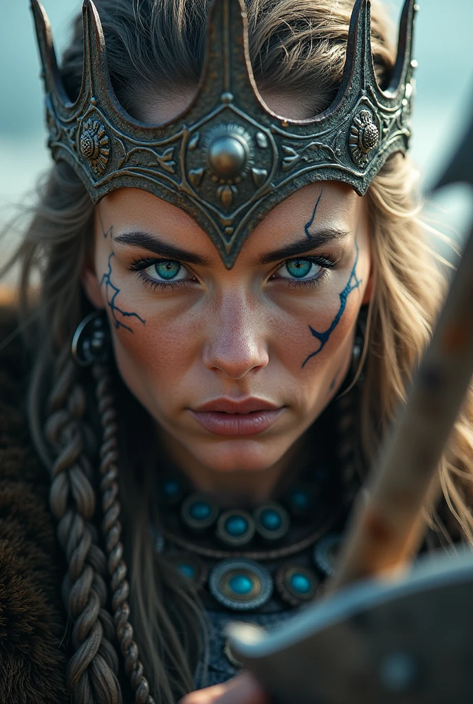 Close up face beautiful viking woman, 40 years old,  axe and shield in hand , blue eyes with lightning, large crown on head , tribal tattoo on face, Angry, necklace around the neck with ornaments,  battle outfit, knife close to the face
