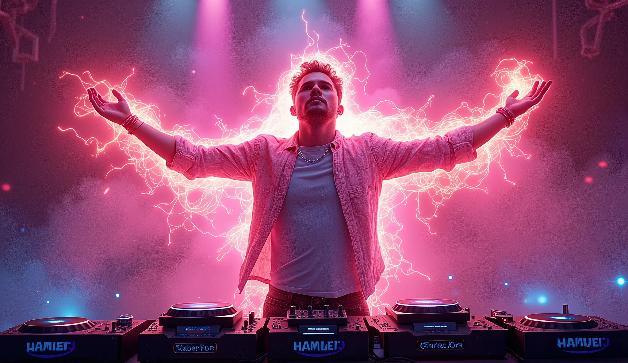 a man with open arms with neon energies around him, around and in the background mixing tables and sound equipment