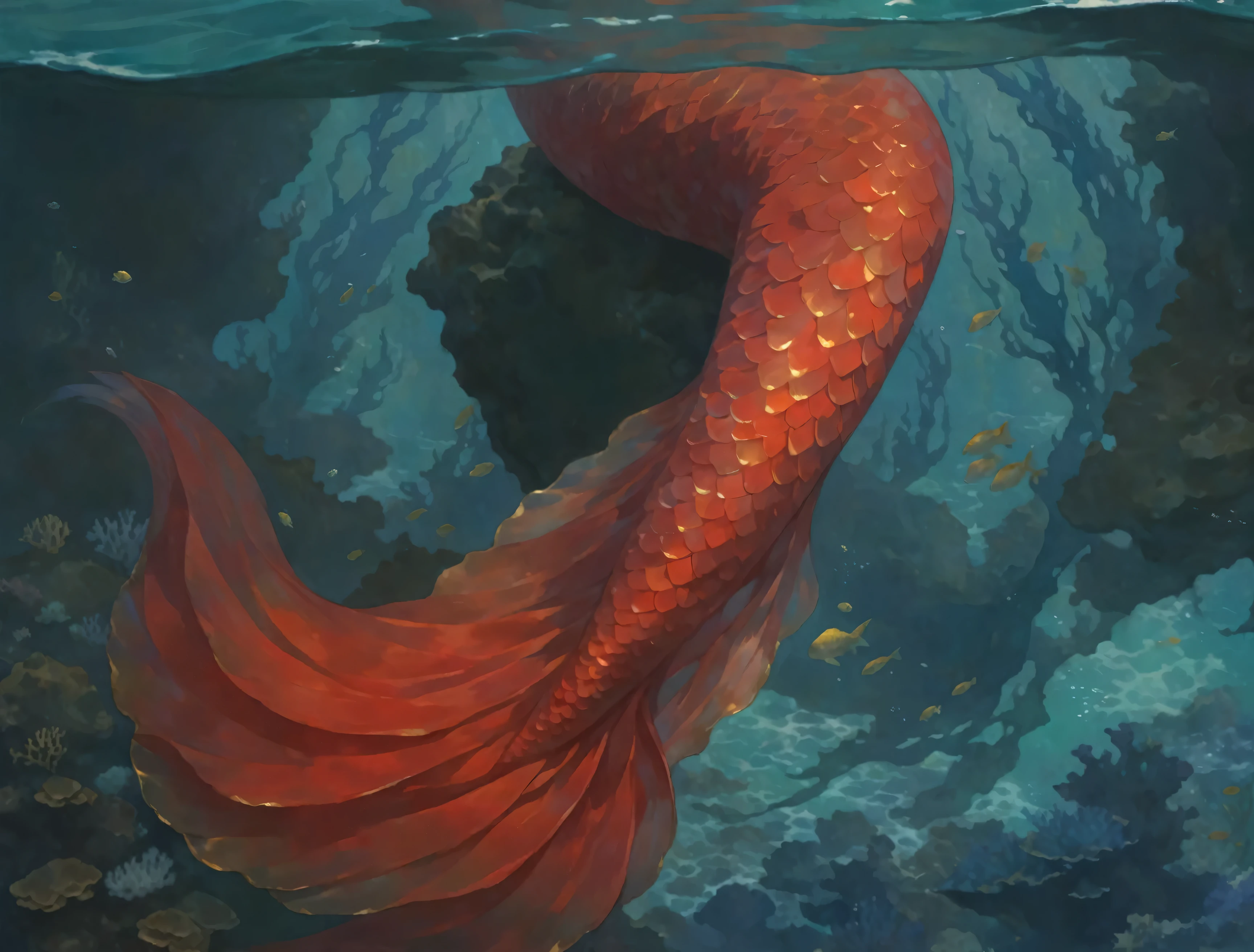 lower part of a mermaid, red scales with gold details, , sea background, corals, Pisces, detalhes de sea background, water,