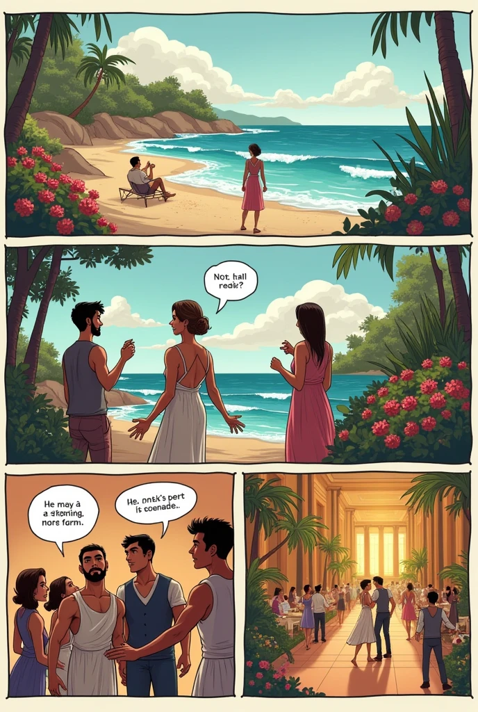 Create a comic strip following this description Table 1: The Scenario Bet: beachfront, with friends chatting by the sea.
texto: (Philip&#39;s speech bubble) "Let&#39;s make a bet: whoever falls in love first, loses!"
Description: augustus e seus amigos estão relaxando na praia, arguing about the bet. Filipe proposes the idea, desafiando augustus, Fabricius, e Leopoldo. augustus aceita a aposta com confiança.

Table 2: Chegada à Casa de Donna Anna
Cenário: The entrance to a beautiful summer house.
texto: (Balão de pensamento de augustus) "I&#39;ve never lost a bet. this time, it won&#39;t be different."
Description: Friends arrive at Filipe&#39;s grandmother&#39;s house, Donna Anna. augustus está seguro de si, confiante de que não losesrá a aposta. however, he doesn&#39;t know that destiny awaits him.

Table 3: First Meeting with Carolina Scenario: Home garden, with flowers and a gentle breeze.
texto: (Carolina&#39;s speech bubble) "You don&#39;t remember me, augustus?"
Description: augustus é apresentado a Carolina, a "brunette". There&#39;s something familiar about her, but he can&#39;t remember where he knows her from. Carolina, with an enigmatic look, suggests that they have met before.

Table 4: Growth of Feelings Scenario: beachfront ao entardecer, with the waves in the background.
texto: (Balão de pensamento de augustus) "Carolina is so different... I can&#39;t stop thinking about her."
Description: augustus começa a perceber que está se apaixonando por Carolina, although he tries to resist because of the bet. He walks alone on the beach, reflecting on your confused feelings.

Table 5: The Awakening of Memory Scenario: ballroom, full of lights and people dancing.
texto: (Carolina&#39;s speech bubble) "You were the boy who promised to love me forever."
Description: During the dance, Carolina revela a augustus que ele é o mesmo garoto com quem ela havia brincado na infância, and that he had promised to love her forever. A memória de augustus retorna, and he realizes that his destiny was always to be with Carolina.

Table 6: The Revelation