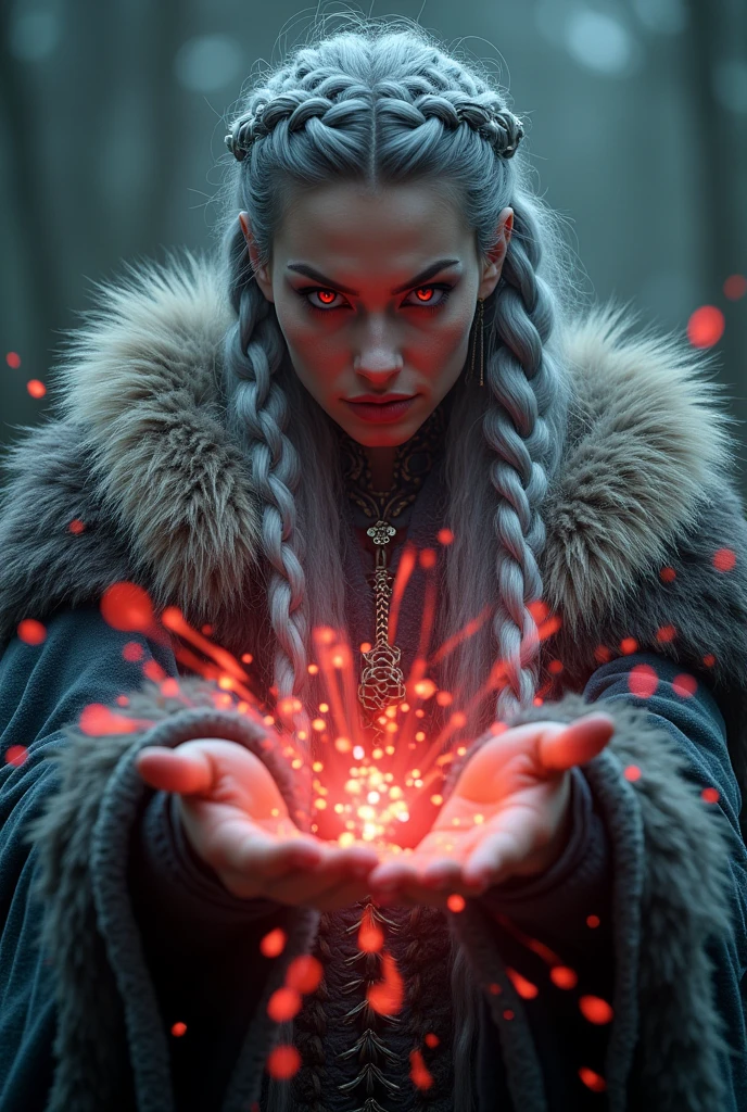 a viking sorceress, wearing animal furs, sophisticated long braids, gray wolf, intense gaze, glowing red eyes, casting a spell at the viewer, (best quality,4k,8k,highres,masterpiece:1.2),ultra-detailed,(realistic,photorealistic,photo-realistic:1.37),digital painting,cinematic lighting,dramatic colors,fantasy art,highly detailed face and eyes,intricate details