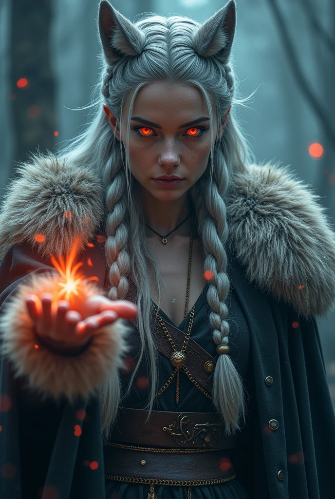 a viking sorceress, wearing animal furs, sophisticated long braids, gray wolf, intense gaze, glowing red eyes, casting a spell at the viewer, (best quality,4k,8k,highres,masterpiece:1.2),ultra-detailed,(realistic,photorealistic,photo-realistic:1.37),digital painting,cinematic lighting,dramatic colors,fantasy art,highly detailed face and eyes,intricate details