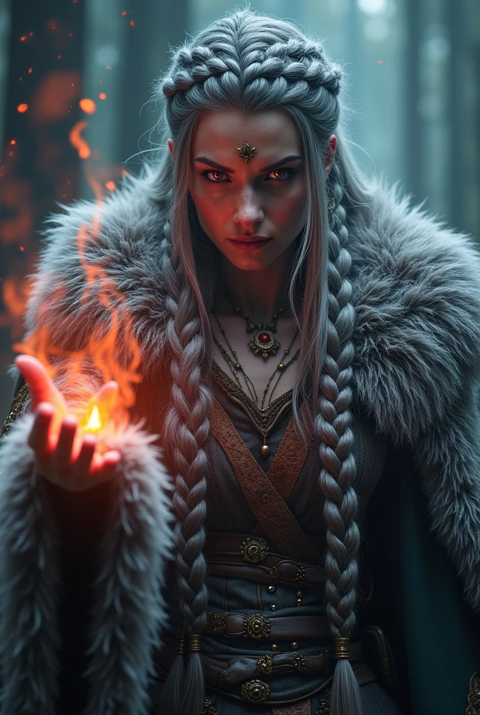 a viking sorceress, wearing animal furs, sophisticated long braids, gray wolf, intense gaze, glowing red eyes, casting a spell at the viewer, (best quality,4k,8k,highres,masterpiece:1.2),ultra-detailed,(realistic,photorealistic,photo-realistic:1.37),digital painting,cinematic lighting,dramatic colors,fantasy art,highly detailed face and eyes,intricate details