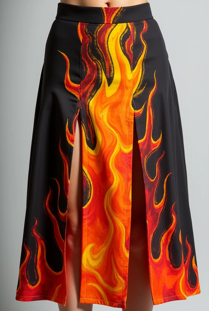 Vêtements : jupe avec deux fente qui remonte jusqu'au bassin avec des motif flammes et des couleurs vives comme orange jaune or et rouge