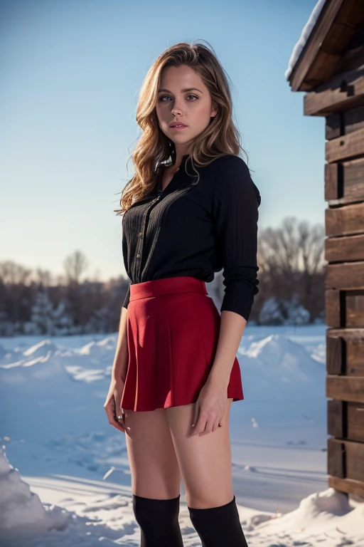 Teresa Palmer, (30 yers old:1.5), very classy, flirting with the camera, beautiful hair, flirty, makeup, sexy blouse, short skirt, knee high socks, perfect fit body, outside, winter, snow, 135mm, Canon, f/16, close up, UHD, masterpiece, textured skin, super detail, high details, high quality, highres, 8k, dimly lit, rim lighting, perfect anatomy, anatomically correct, perfect proportions.