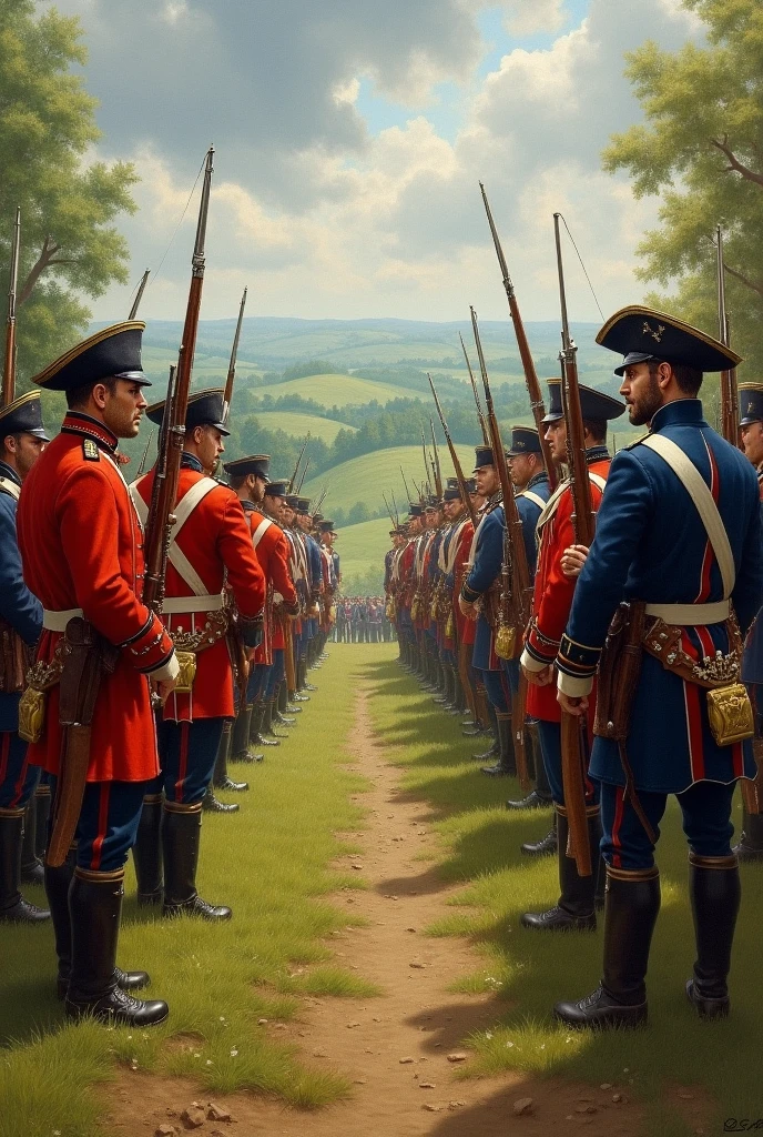 Describe the battlefield at Lexington and Concord during the dawn of April 19, 1775. Paint a vivid picture of the rolling hills, dirt roads, stone fences, and the surrounding rural landscape. Explore the atmosphere of tension as colonial militia lines up against British regular troops, ready to defend their homes and freedom. Detail the colors of the morning, the sounds of drums and bugles, and the determination on the faces of those involved