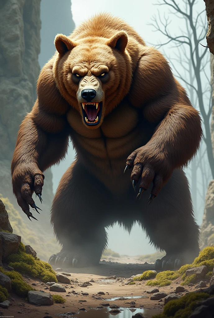 close up angry warrior bear, claws showing, attacking