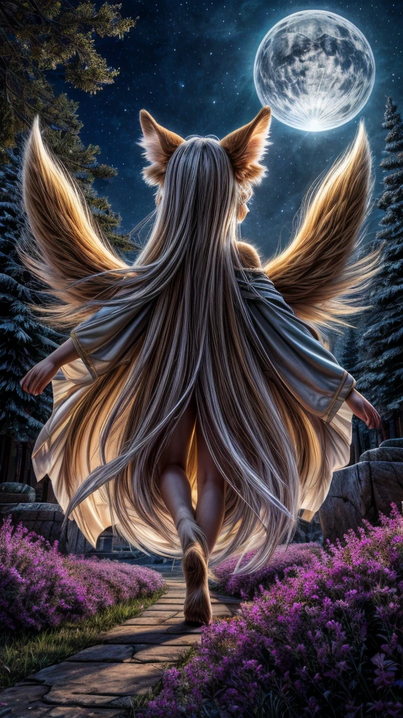 ### Physiological Characteristics of **Children**:
you **Children** are a race inspired by the mystical figure of the kitsune, bringing with it a charming appearance and mystical abilities related to deception, to the transformation, and the control of spiritual energies. Its appearance is both ethereal and mysterious., reflecting the dual nature of its essence.
- **Skin and Coat:** The skin of the **Children** it is smooth and of a pale or slightly golden hue, while certain parts of the body, like the ears, tail and sometimes part of the back and shoulders, are covered by a fine, silky coat. The coat usually varies in shades from pure white to golden red., gray or black, depending on your lineage and age. On some occasions, the coat may even have an iridescent sheen, especially under the moonlight.
- **eyeballs:** you olhos dos **Children** are one of its most striking features. They have vibrant irises that range in color from amber to, purple, light blue, or golden, often with slitted pupils like a feline's. Your eyes have a supernatural glow, especially at times of using their magical abilities, can be mesmerizing to those who cross their gaze. They have exceptionally sharp eyesight, both during the day and at night.
- **ears and tail:** you **Children** have pointed and elongated ears, similar to those of a fox, that are highly expressive and capable of capturing sounds over great distances. Their tails are one of their most iconic features.; elk **Children** has one or more long, fluffy tails. The number of tails a **Children** has is indicative of his power and wisdom, with the oldest and most powerful being able to have up to nine tails. The tails are incredibly agile and serve both for balance and as conductors of their spiritual energy..
- **hairs:** you **Children** have long, flowing hair, which are often vibrant and exotic in color, like silver, a