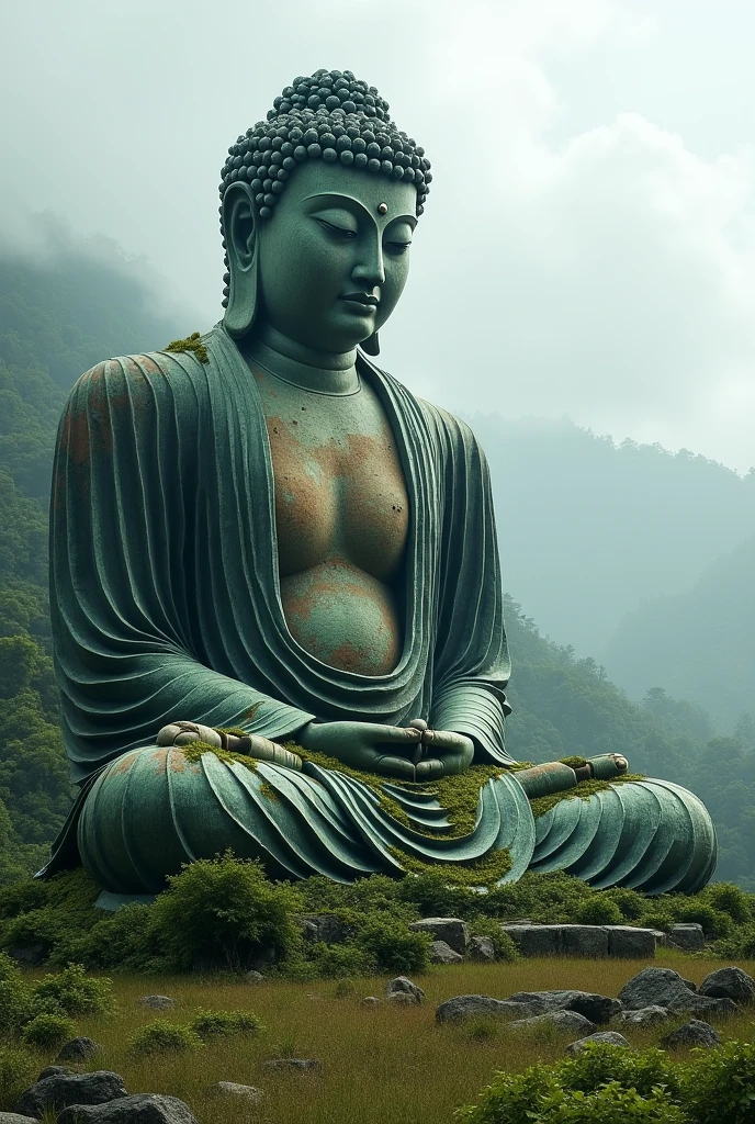 Ancient giant statue of Buddha, in the middle of the forest, moldy from humidity and grass; it is covered by natural grass from the field, and has part of the fingers and toes broken; its nose has been broken by the erosion of time; part of its eyes have also been deformed by erosion; seen from the side frontal angle, on a semi-cloudy afternoon with a drizzle and dim lighting; masterpiece; UHD