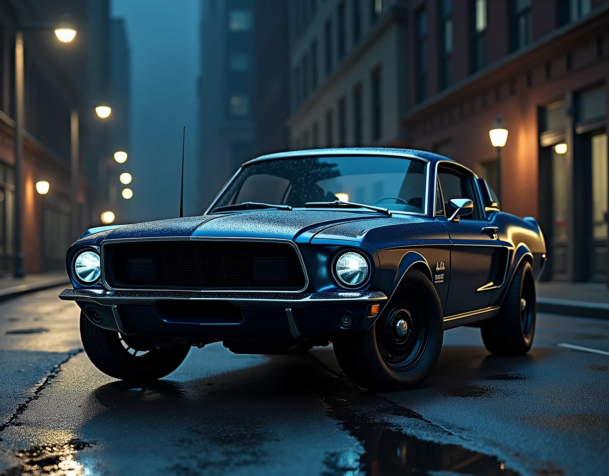 Make an image for a blue 1968 Ford Mustang GT 390 Fastback Bullitt in an empty city street in America in the nightime