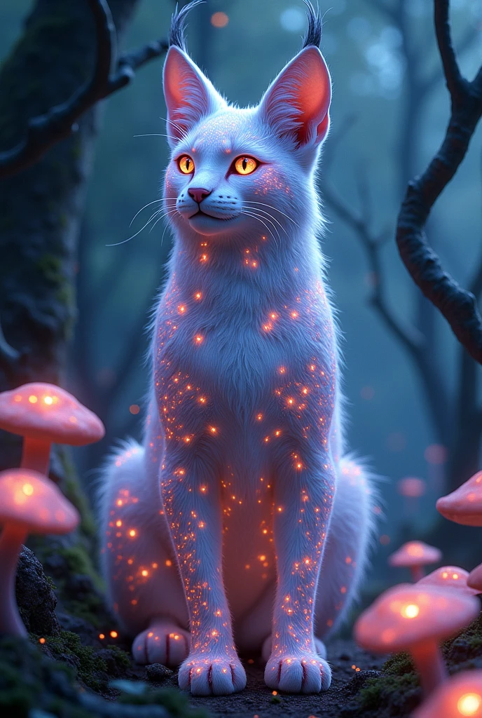 [Subject: A mythical lynx with exaggerated ear tufts and a majestic, almost regal pose in an enchanted forest, its fur glowing with an internal, supernatural light. The lynx’s fur is rich with intricate, fairy-like patterns in extra-natural, shifting colors, giving it a surreal, slightly psychedelic appearance. Image Type: Ultra-realistic photography with a fantasy and supernatural influence. Art Styles: Fantasy Realism, Mythological Art, Psychedelic Art. Environment: Enchanted forest with glowing mushrooms and ancient, twisted trees, the surroundings softly lit to enhance the lynx’s otherworldly glow. Camera: Mid-range shot focusing on the lynx's face and upper body, capturing the mystical, glowing patterns in its fur. Lighting: Soft, ethereal lighting with a faint, supernatural glow from the surroundings, highlighting the lynx’s majestic form and psychedelic colors. Render: 8K resolution, hyper-detailed fur textures with a supernatural glow, ultra-sharp details in the forest background. Inspirations: John William Waterhouse, Arthur Rackham, Alex Grey.]
