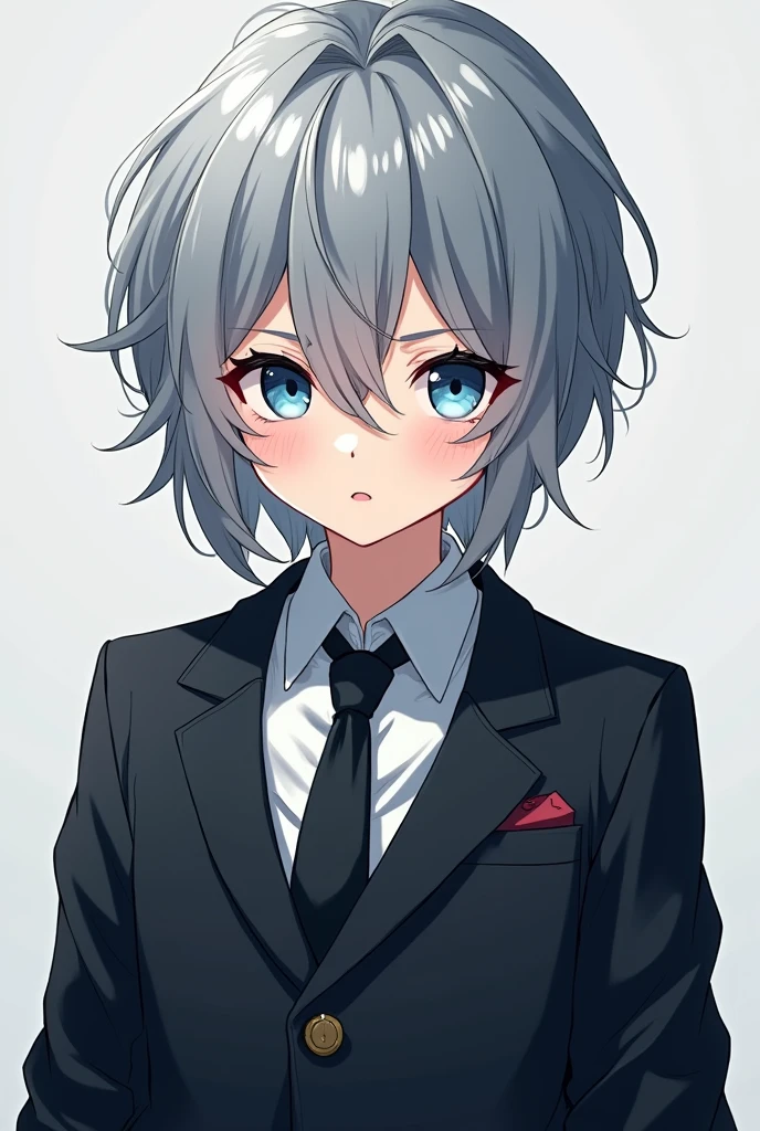 I want you to create a semi-realistic male anime character around 2 with dark silver hair, snow blue eyes, Medium short long hair combed and with a suit twisted up,