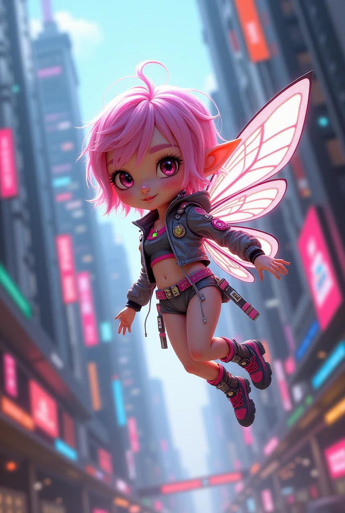 Short pink hair fairy girl in human clothes in a cyberpunk world 