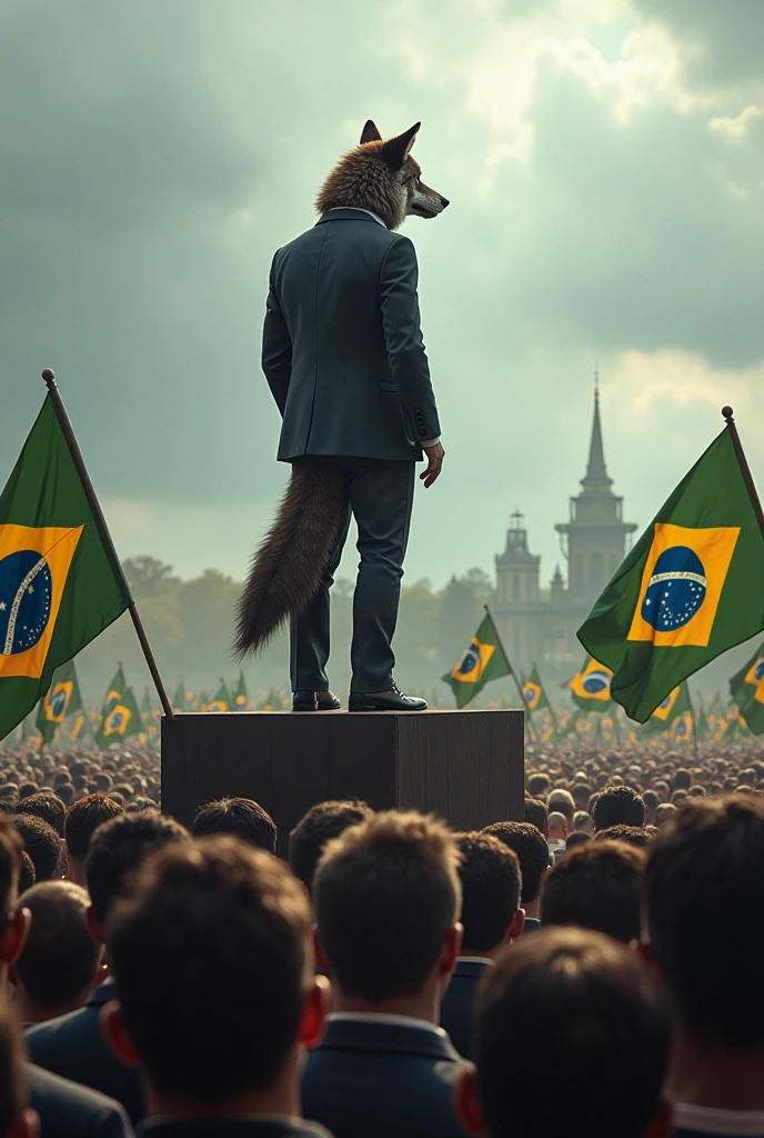 A wolf on a platform, in a suit, preaching to thousands hundreds of people, on a cloudy day. People hold aged Brazilian flags. Behind this man, There are armed security guards.