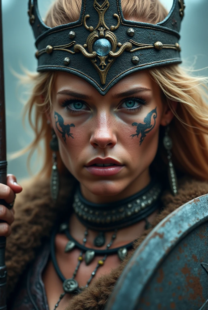 Close up face beautiful viking woman, 40 years old, spear and shield in hand , blue eyes with strong light, large crown on head , tribal tattoo on face, Angry, necklace around the neck with ornaments, battle outfit, knife close to the face