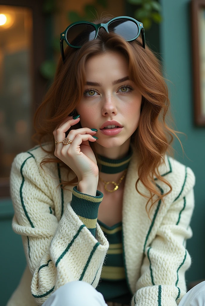 Woman of 1,65 tall, brown hair with highlights at the end, slightly wavy at the ends. Green painted nails with glitter. long ring on the index finger of the right hand. amber colored eyes. upper lip smaller than the lower lip. medium sized and straight nose. big eyelashes and beautiful, natural eyebrows. She is wearing a white knitted coat with striped designs in navy blue and green, almost blue.. She wears white pants and black Doc Martin boots and Marge Simpson socks and sunglasses on her head.