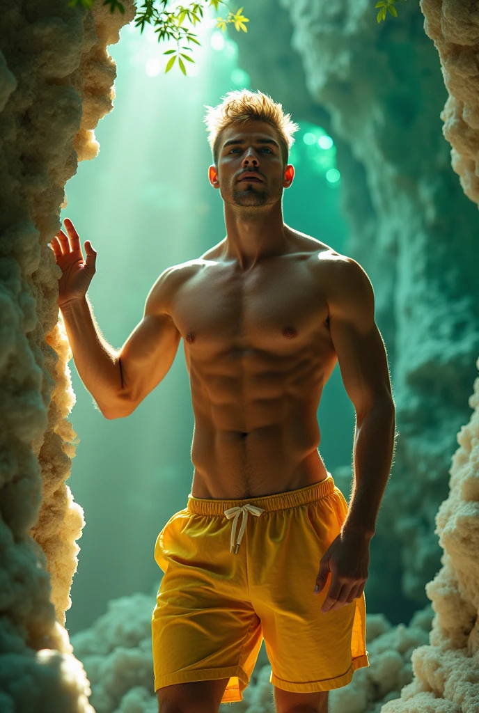 The scene captures a moment of awe and wonder, featuring a blonde male model with striking blue eyes that enhance his undeniable charm. His athletic and toned physique is prominently displayed as he is shirtless, showcasing his sun-kissed skin while wearing bright golden yellow Bermuda shorts with a subtle shimmer, adding a vibrant contrast to the otherworldly surroundings. Situation: In this mesmerizing and illuminated scene, the model stands confidently inside a breathtaking crystal cave with a captivating greenish glow. The cavern's interior is adorned with stunning, luminous crystals that reflect and refract light, creating a kaleidoscope of colors, with an intriguing greenish hue adding depth and mystique to the space. The model’s defined muscles and bold Bermuda shorts stand out against the sparkling backdrop of shimmering crystal formations and the verdant glow. His stance is relaxed yet curious, with one hand resting lightly on a crystal formation and the other casually by his side. His gaze is directed towards the dazzling array of crystals and the verdant illumination, his expression a blend of awe and tranquility as he takes in the surreal beauty of the cave. The gentle, diffused light from the crystals and the greenish glow creates a warm, captivating atmosphere, highlighting the model’s features and the intricate details of the cave. The natural yet extraordinary setting, combined with the model’s striking appearance, creates a harmonious and enchanting atmosphere, capturing the essence of a mystical and adventurous escape. Keywords: summer, crystal cave, greenish glow, shirtless, Bermuda shorts, model, nature, luminous, ethereal, scenic, indoors, adventure, natural beauty, stylish, toned, captivating.