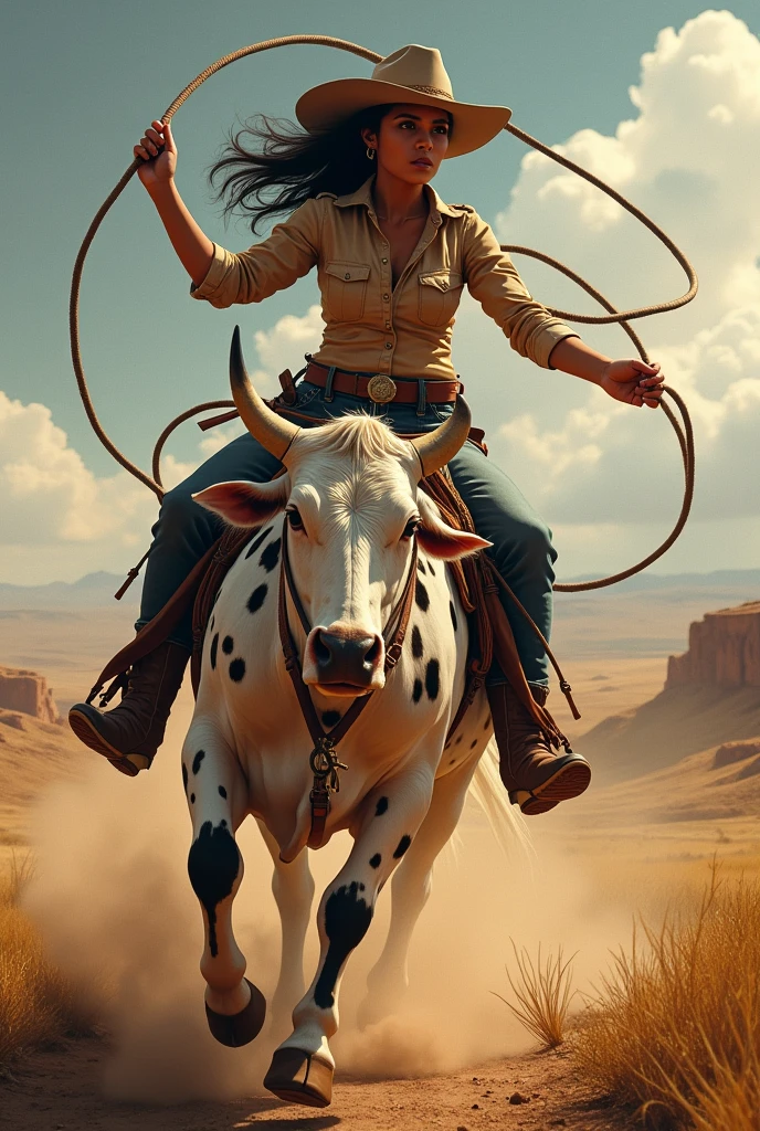 Hispanic cow girl, spinning a lasso, riding a spotted cow
