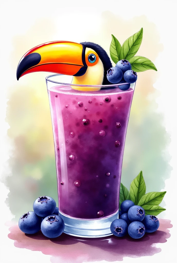 toucan and acai smoothie in a glass in the style of a watercolor drawing