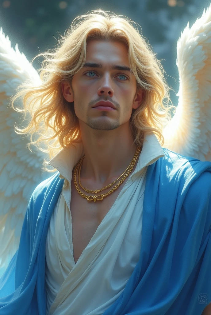 ANGEL WITH MALE FACE, BLUE EYES BLONDE HAIR WEARING A BLUE AND WHITE MIXED RAINBOW CLOAK, ON THE GOLD COLOR NECK RING