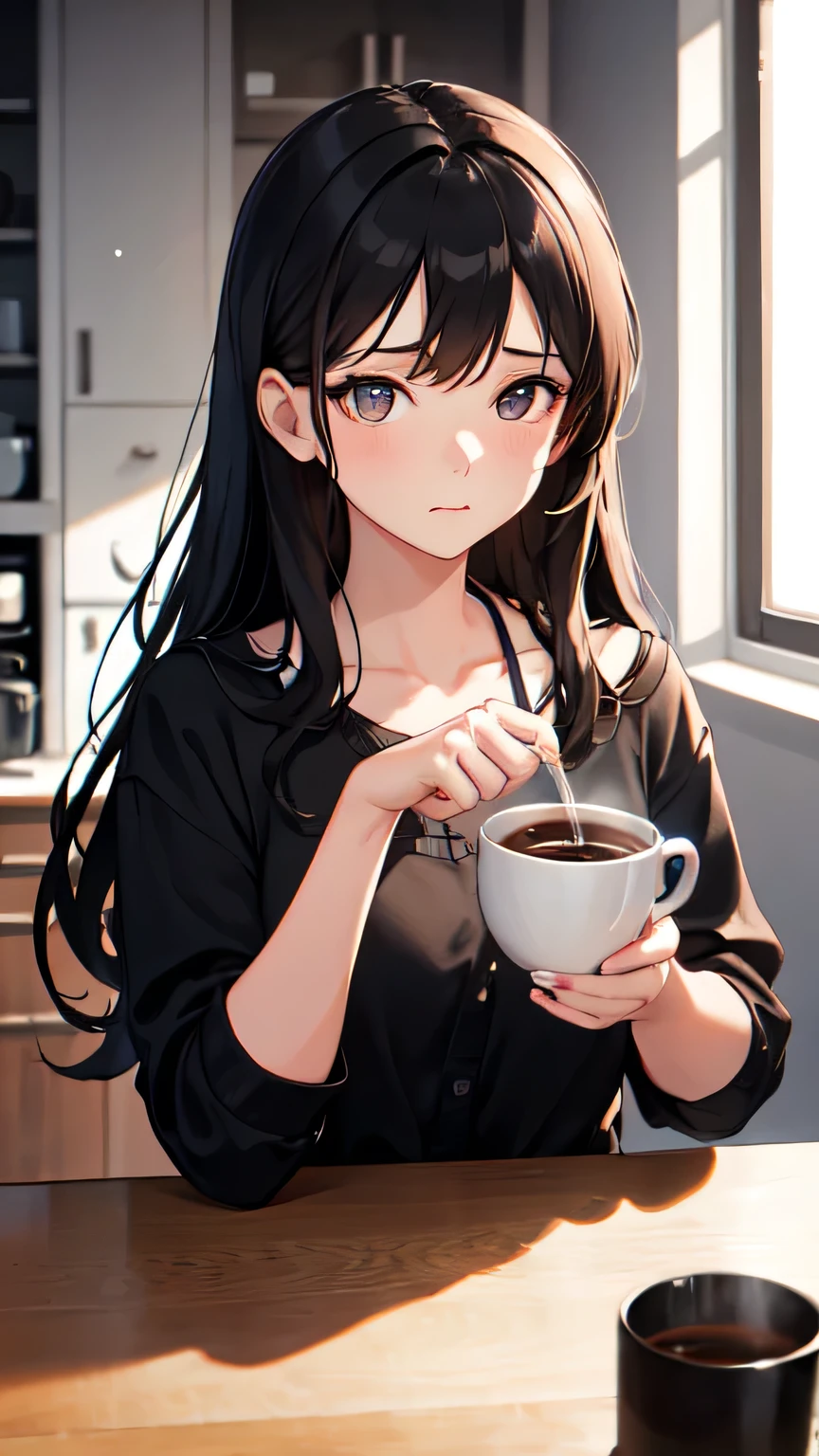 ((Highest quality)), ((masterpiece)), (detailed), One girl, Almond Eye,early morning,Close up of face,Kitchen with morning light pouring in, Rubbing my sleepy eyes, Reach for the coffee maker, A ritual to start the day,The sound of grinding beans is soothing, The scent spreads throughout the room, Black liquid pouring into a cup, I can't wait for that moment