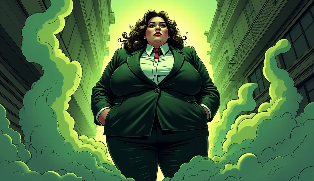 beautiful morbidly obese young female mob boss woman wearing a mobster suit farting olive green stink fumes from her rear, comic artstyle