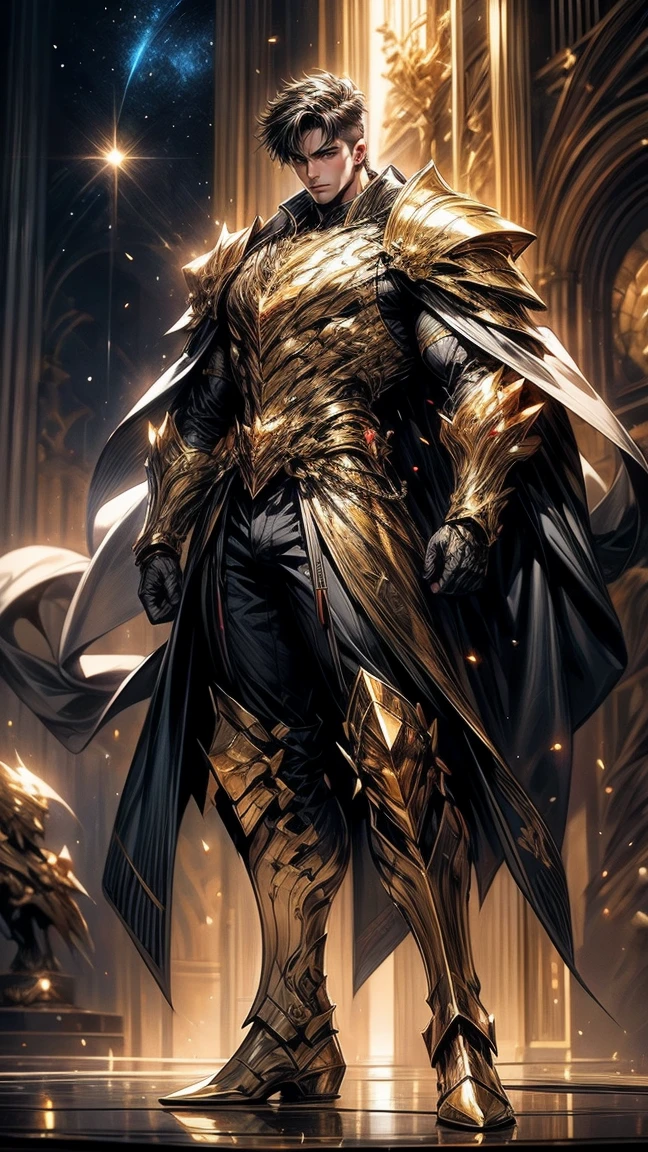 Masterpiece, best quality, high resolution, highly detailed, 1 young boy, handsome face, short black hair , with bright grey eyes ( glowing eyes ), wearing a golden hoodie, and golden pants, golden watch and battle armor, muscular build, surrounded by the splendors of the universe, pay attention to stunning details, and achieve a resolution of 64k, high quality, with a majestic aura of authority full body.