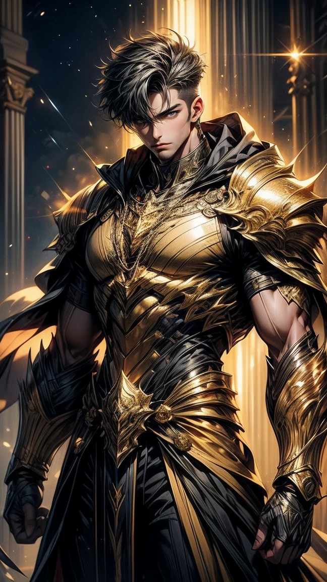 Masterpiece, best quality, high resolution, highly detailed, 1 young boy, handsome face, short black hair , with bright grey eyes ( glowing eyes ), wearing a golden hoodie, and golden pants, golden watch and battle armor, muscular build, surrounded by the splendors of the universe, pay attention to stunning details, and achieve a resolution of 64k, high quality, with a majestic aura of authority full body.