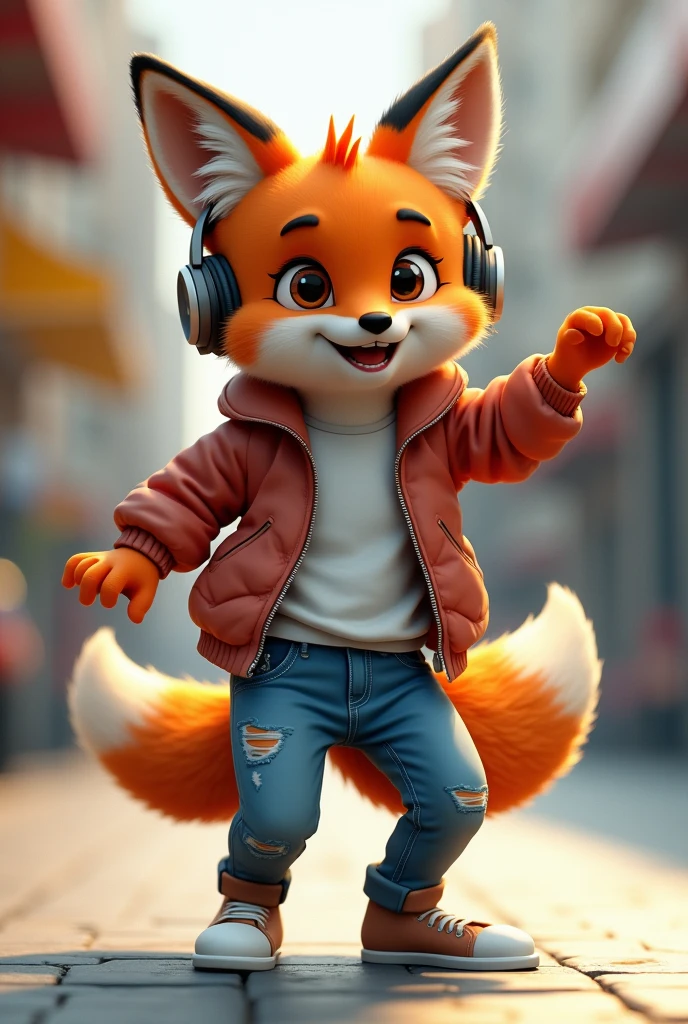 A fox in pants and t-shirt with a cool jacket dancing to the music he hears in his headphones