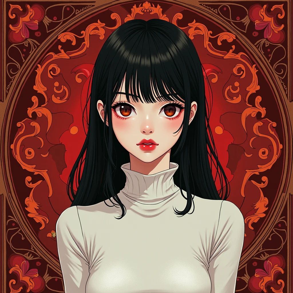 full body portrait of a pale girl with black hair and red lips wearing a tight white turtleneck in a shiny fabric, ornate red background, detailed illustration, style of artgerm and makoto shinkai