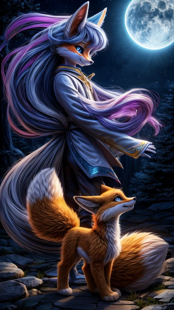 ### Physiological Characteristics of **Children**:

you **Children** are a race inspired by the mystical figure of the kitsune, bringing with it a charming appearance and mystical abilities related to deception, to the transformation, and the control of spiritual energies. Its appearance is both ethereal and mysterious., reflecting the dual nature of its essence.

- **Skin and Coat:** The skin of the **Children** it is smooth and of a pale or slightly golden hue, while certain parts of the body, like the ears, tail and sometimes part of the back and shoulders, are covered by a fine, silky coat. The coat usually varies in shades from pure white to golden red., gray or black, depending on your lineage and age. On some occasions, the coat may even have an iridescent sheen, especially under the moonlight.

- **eyeballs:** you olhos dos **Children** are one of its most striking features. They have vibrant irises that range in color from amber to, purple, light blue, or golden, often with slitted pupils like a feline&#39;s. Your eyes have a supernatural glow, especially at times of using their magical abilities, can be mesmerizing to those who cross their gaze. They have exceptionally sharp eyesight, both during the day and at night.

- **ears and tail:** you **Children** have pointed and elongated ears, similar to those of a fox, that are highly expressive and capable of capturing sounds over great distances. Their tails are one of their most iconic features.; elk **Children** has one or more long, fluffy tails. The number of tails a **Children** has is indicative of his power and wisdom, with the oldest and most powerful being able to have up to nine tails. The tails are incredibly agile and serve both for balance and as conductors of their spiritual energy..

- **hairs:** you **Children** have long, flowing hair, which are often vibrant and exotic in color, like silver, a