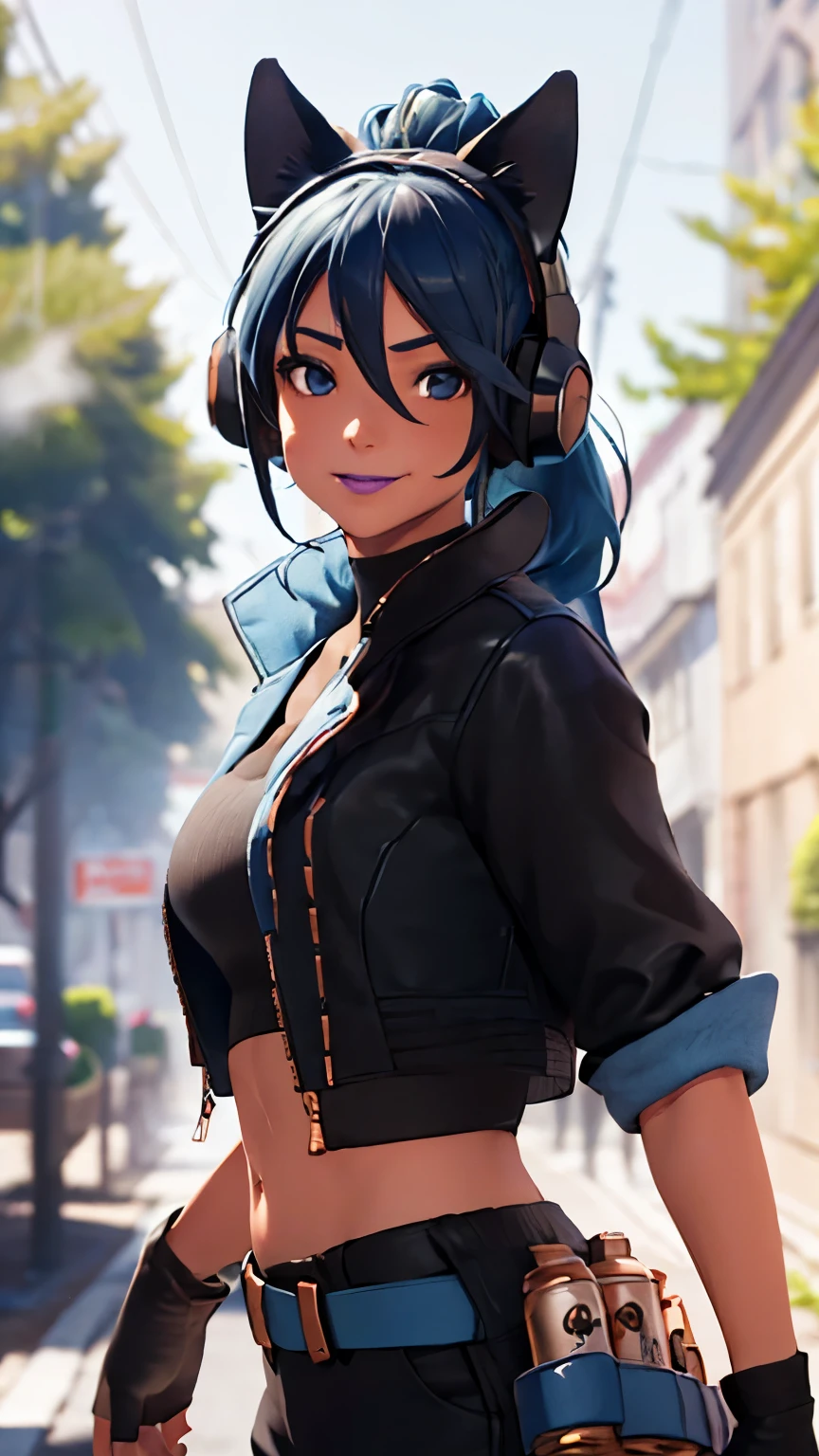 Forest background, 1girl, solo, HeroicHopeFN, Heroic Hope from fortnite, (crop top, black top, open clothes), (jacket crop top, black jacket, blue loose, jacket loose), fingerless gloves, black pants, blue belt, blue hair, ponytail, blue eyes, headphones, cat ears headphones, holster, holster spray cans, purple lips, lipsticks, smirk, looking at viewer,