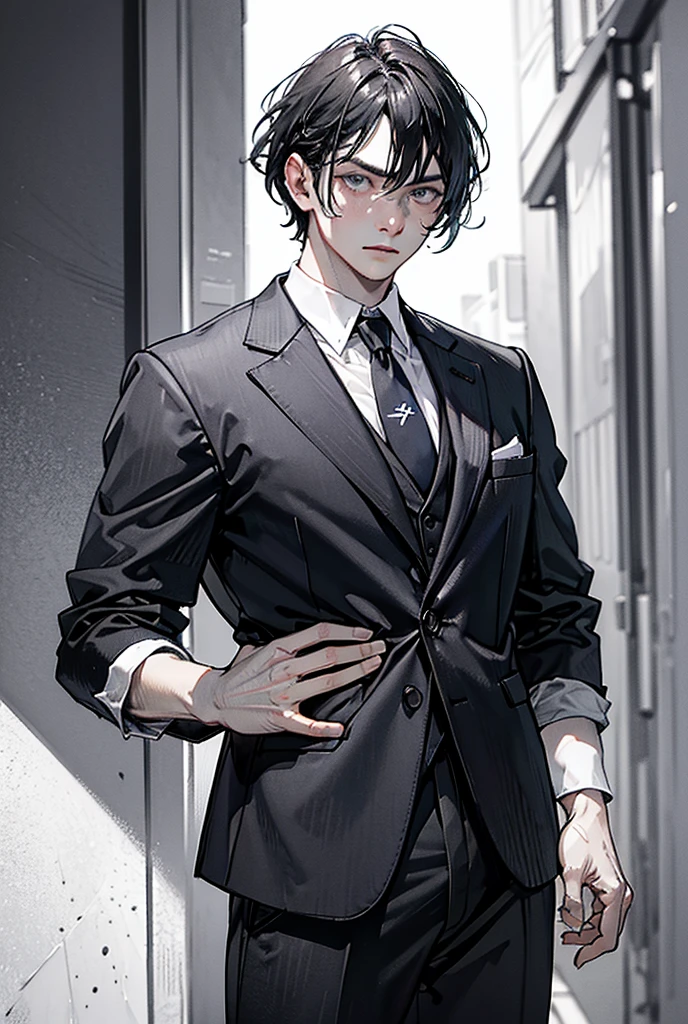 (photorealism:1.2) +  adult man + black slightly tousled hair + black deep eyes  + shirt + suit jacket+ muscles + serious look 