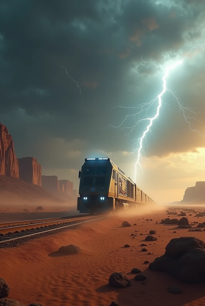 Wallpaper with a train in the middle of a desert with lightning and thunder.