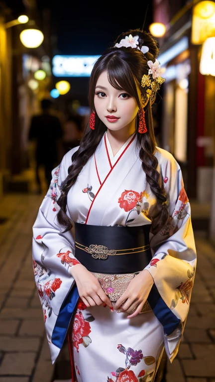 ((Highest quality、8k、Best image quality、Extremely intricate and detailed))、1 prostitute、Floral costume、Oiran kimono、An exact replica of a prostitute's kimono、Gorgeous courtesan kimono、(Blonde、Beautiful blonde、Blondeウェーブヘア、elegant wavy hair、Color Contact Lenses)、The background is the entertainment district、Guo You、Custom Street、Smiling for the camera、Photo from the waist up、Elegant standing posture、Elegant and noble、Recreating the perfect red light district details、1 photo、Perfect Anatomy、Perfect Fingers、Night Sex District、night excursion、Midnight、Cloudy、Lantern Light、Red lipstick、Long eyelashes、Perfect Makeup、Dark Night、Naked and wearing only a kimono、Detailed face