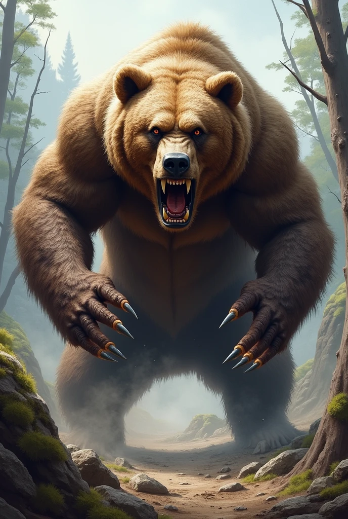 close up angry warrior bear, claws showing, attacking