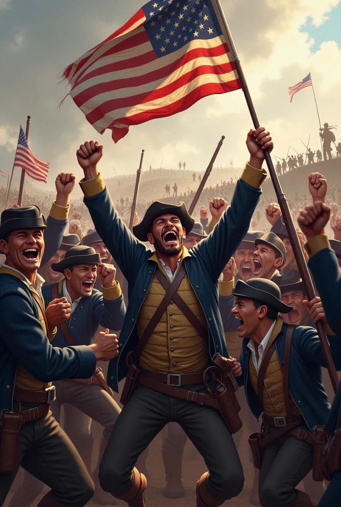 American soldiers shouting in joy after winning the American War of Independence