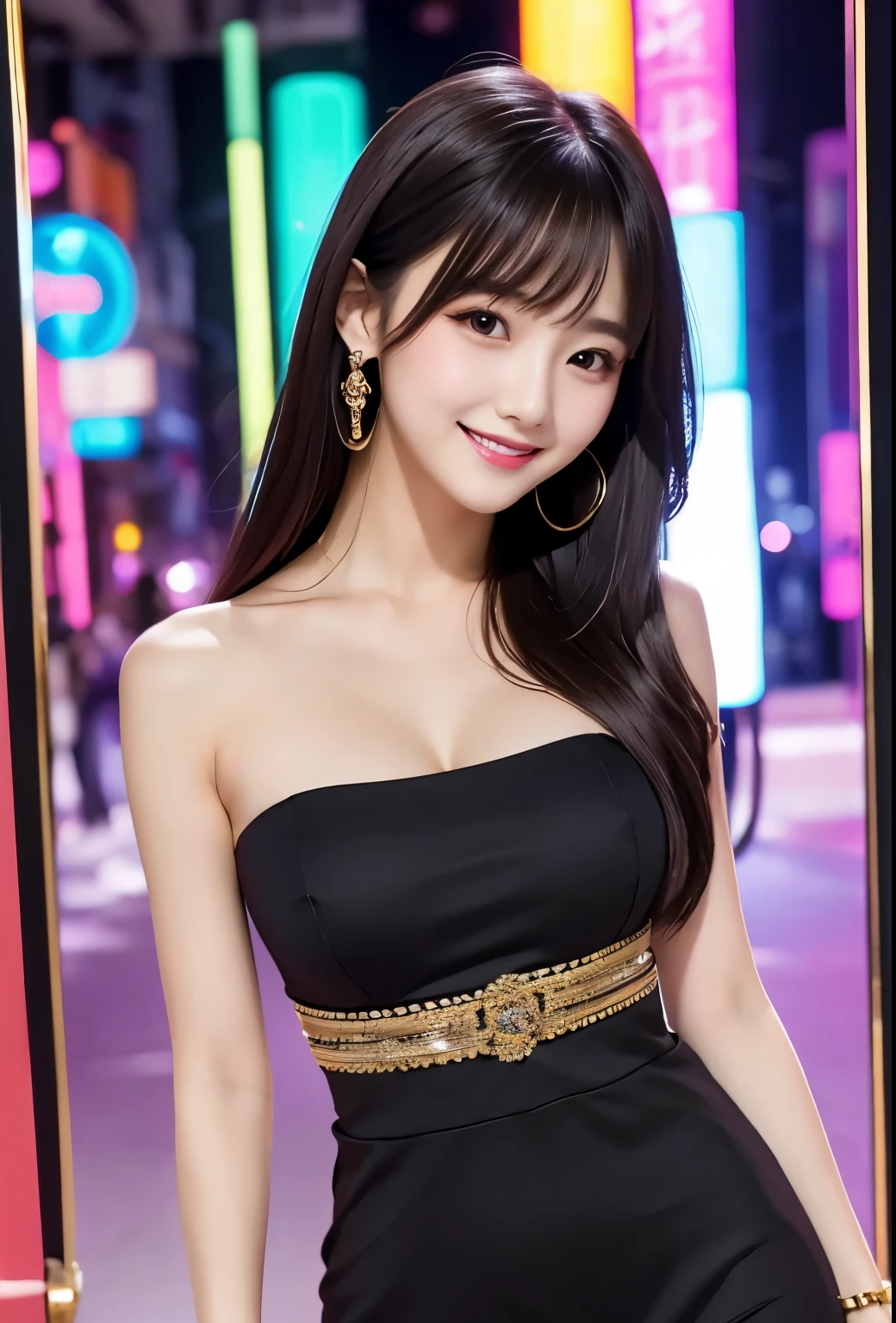 masterpiece、Highest quality、whole body、One Girl、bangs、Japanese、Long Black Hair、Long Hair、smile、alone、Stylish woman、vivid colored outfits、front、Luxury background elements、Confident expression、Modern and trendy、Fashion focus