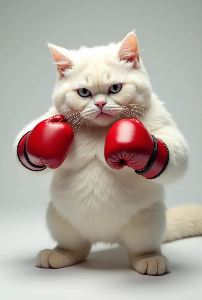A muscular white cat wears boxing gloves 8k