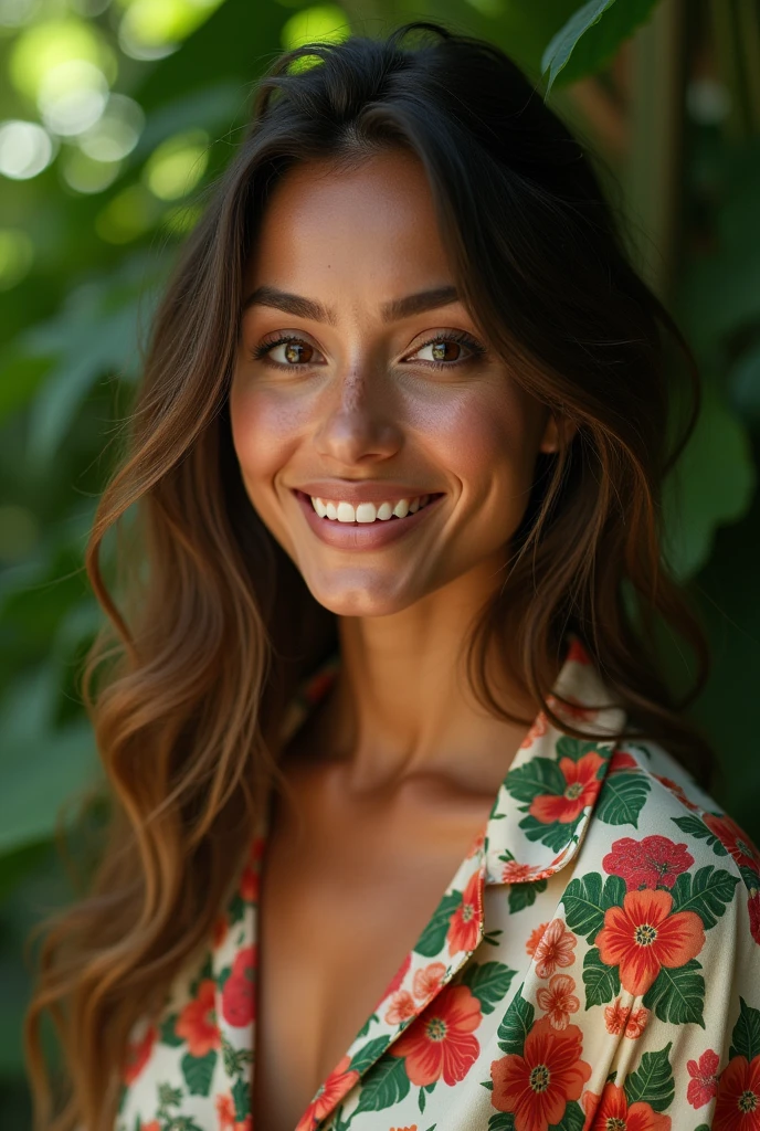 A Brazilian woman in a lush tropical garden, wearing an open shirt with a floral print, with a close-up capturing the harmonious beauty between her breasts and the natural flowers, showing off your natural charm and outgoing personality.