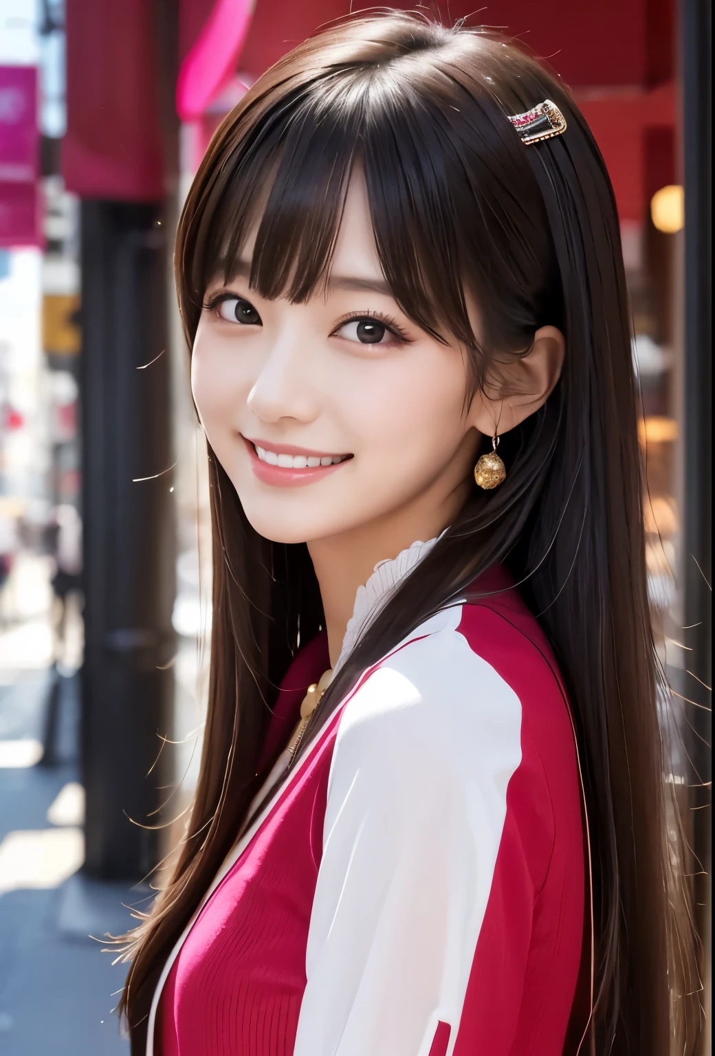 masterpiece、Highest quality、whole body、One Girl、bangs、Japanese、Long Black Hair、Long Hair、smile、alone、Stylish woman、vivid colored outfits、front、Luxury background elements、Confident expression、Modern and trendy、Fashion focus