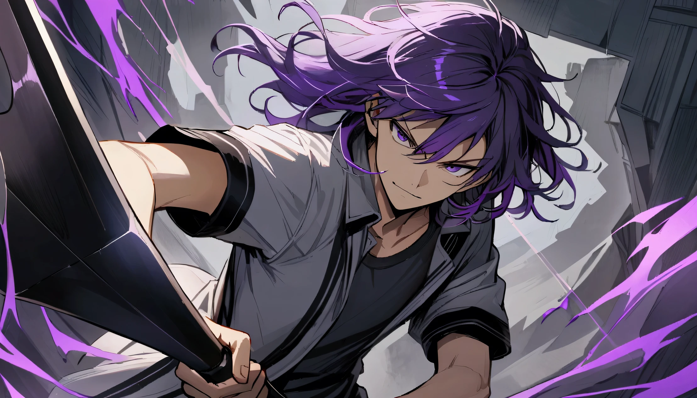 teenage boy, tidy hair, medium length hair, multicolored black and purple hair, middle stripe, dark purple eyes, serious face, simple smile, gray shirt, loose black short sleeve overcoat, holding a black sickle.